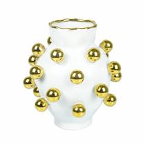 Vaso Porcelana Branco Menor Esferas Realce Dourado Bojudo Vaso Porcelana Branco Menor Esferas Realce Dourado Bojudo