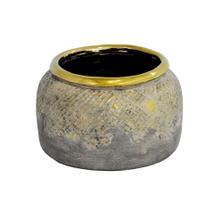 Vaso Rústico 14x20cm Cerâmica Cinza Acabamento Dourado Luxo
