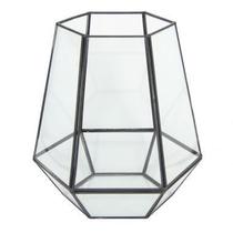 Vaso sextavada de metal e vidro preta 17,5cm x 15cm x 19cm