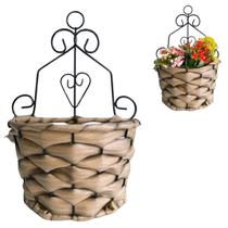 Vaso Suporte Cesta de Fibra Palha para Pendurar Flores 24cm