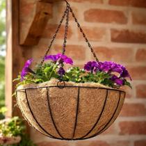 Vaso Suspenso de Fibra de Coco Natural com Corrente e Gancho, 20cm de Diâmetro, Suporte Metálico para Plantas Pendentes, Decoração Rústica para Jardim