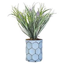 Vaso Vidro Azul Claro Colmeia Com Arranjo De Lavandas Roxas