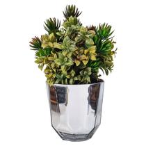 Vaso Vidro Facetado Luxo Prata Espelhado Folhagem Verde 35cm