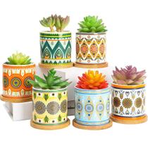 Vasos para plantas suculentas COLOAPT Ceramic de 8 cm com bandeja de bambu, pacote com 6