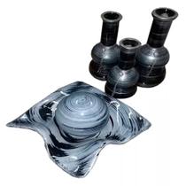 Vasos Trio Charme E Centro De Mesa Em Cerâmica Black Cinza