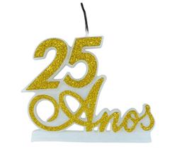 Vela Aniversário 25 Anos Dourada Glitter Painel Para Bolo com Base