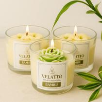 Vela Aromática Perfumada Bambu Kit 3 Premium Velatto 200g Branco Fragância Bambu Formato Rosa Margarida Vegetal