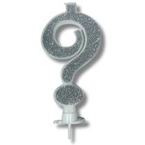 Vela grande aniversario glitter prata interrogacao c suporte Vela grande aniversario glitter prata interrogacao c suporte