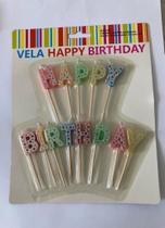 Vela happy birthday” colorida frente prata