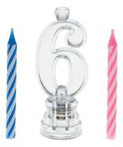 Vela Nº 6 Festas Acrílica Luz Led + 2 Velinhas Aniversario