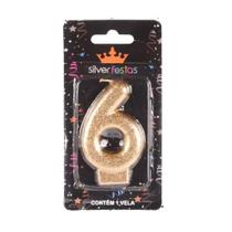 Vela Número 6 Glitter Dourado unid