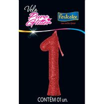 Vela P/ Festa (Linha: Puro Glitter - Cor: Vermelha - N 1) - Contém 1 Unidade