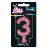 Vela para Aniversario N.03 Rosa Puro Glitter CX.C/10
