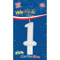 Vela para Aniversário Nº01 com Glíter Branca - Caixa com 10 Unidades