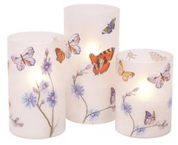 Velas cilíndricas de vidro LED sem chama Butterflies and Wildflowers, Mark Feldstein & Associates, jogo com 3, 6 polegadas Velas cilíndricas de vidro LED sem chama Butterflies and Wildflowers, Mark Feldstein & Associates, jogo com 3, 6 polegadas