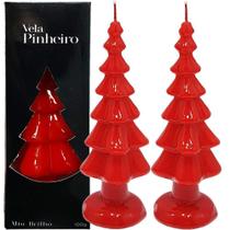 Velas Decorativas Natalinas Pinheiro Vermelho 20cm Kit 2 Peças em Parafina com Base Estável