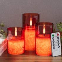 Velas sem chama VIODAIM Ice Crystal Real Wax Glass Red, pacote com 3 unidades