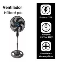 Ventilador chão alto e potente preto com 6 pás de plastico, 48 cm de diâmetro 60 Hz 127 V