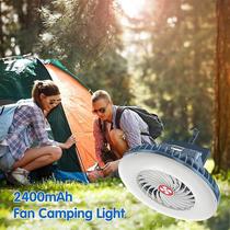 Ventilador de acampamento com lanterna LED recarregável operado por bateria e gancho suspenso