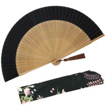 Ventilador de mão Zolee Folding Bamboo Silk para mulheres 21x38cm preto