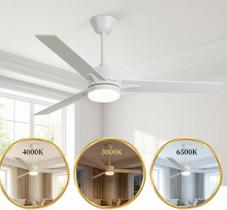 Ventilador de Teto Elegant com Pás de Madeira Branco Moderno com LED Multicolor 45W, 6 Velocidades, Controle Remoto e Timer, Ultra Silencioso, Bivolt