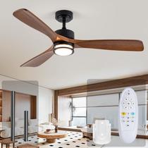 Ventilador de teto externo de 52” com luz, 3 pás de madeira maciça nogueira, controle remoto, LED dimerizável 3CCT, timer, motor reversível de 6 velocidades para uso em qualquer clima, para sala de estar ou varanda