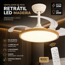 Ventilador De Teto Luminária Retratil Madeira LED 3 Cores Dimerizavel Controle Remoto Bivolt
