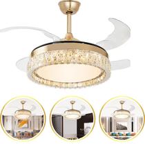 Ventilador de Teto Retrátil Quartzus Cristal Dourado Disoma 78W Ultra Silencioso LED Multicolor Dimerizável Controle Remoto 6 Velocidades