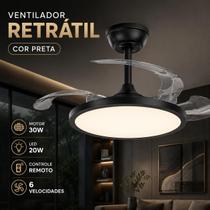 Ventilador De Teto Retratil Slim Preto LED 3 Cores Dimerizavel Controle Remoto Bivolt