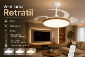 Ventilador Teto Madeira Retrátil LED 3 Cores Controle Remoto Ventilador Teto Madeira Retrátil LED 3 Cores Controle Remoto