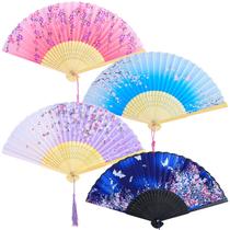 Ventiladores dobráveis Aneco Bamboo, tecido de seda portátil, 4 peças