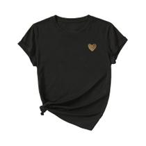 Verão casual com design de coração branco feminino bordado coração camiseta confortável manga curta Verão casual com design de coração branco feminino bordado coração camiseta confortável manga curta