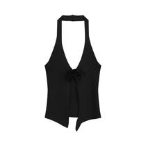 Verão doce flor malha camisola feminina sexy halter com decote em v sem costas magro regata Verão doce flor malha camisola feminina sexy halter com decote em v sem costas magro regata