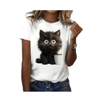 Verão Feminino Branco Gato Impressão Casual Manga Curta O Pescoço Camiseta Feminina Roupas Animais