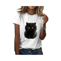 Verão Feminino Branco Gato Impressão Casual Manga Curta O Pescoço Camiseta Feminina Roupas Animais