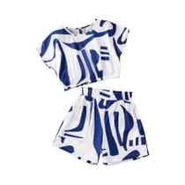 Verão meninas moda cool respirável t-shirt shorts 2 conjuntos- azul e branco impresso. Verão meninas moda cool respirável t-shirt shorts 2 conjuntos- azul e branco impresso.