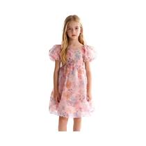 Verão nova menina manga bolha flor colorida impresso vestido de princesa bonito vestido de moda Verão nova menina manga bolha flor colorida impresso vestido de princesa bonito vestido de moda