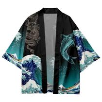 Verde 3D Impressão Onda Carpa Kimono Haori Cardigan Homens Mulheres Tradicional Japão Roupas De