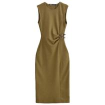 Verde Sem Mangas Babados Midi Vestido Feminino Verão Ruched O-pescoço Fivela Vestidos Traf Vestido