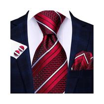 Vermelho Preto Azul Listrado Seda Gravata Abotoaduras Conjunto Hanky Para Homem Elegante Smoking