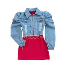 Vestidinho Infantil E Jaqueta Jeans Blogueira+ Cinto Coração