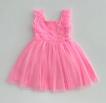 Vestido 1/12 Petit Cherie Rosa em tule com brilho e babados delicados