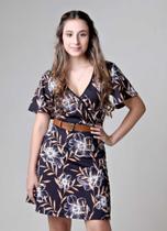 Vestido Abertura Transpassada Floral Preto Kaltty