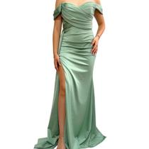 Vestido Acetinado Gala Ombro a Ombro com Drapeado e Fenda cor:verde mentatamanho:m