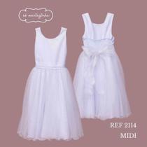 Vestido Adulto Feminino Branco Midi Com Faixa Larga e Saia Tule cinto de Organza para Batizado REF2114