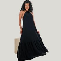 Vestido Alça Decotado Longo Luxo Feminino Com Babado Nâo Tem Bojo Tecido Duna