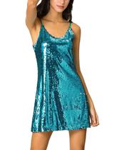 Vestido Allegra K Glitter, lantejoulas, decote em V, alça espaguete, azul azul-petróleo Vestido Allegra K Glitter, lantejoulas, decote em V, alça espaguete, azul azul-petróleo