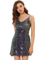 Vestido Allegra K Glitter, lantejoulas, decote em V, alça espaguete, feminino Vestido Allegra K Glitter, lantejoulas, decote em V, alça espaguete, feminino