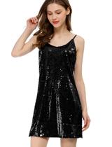 Vestido Allegra K Glitter, lantejoulas, decote em V, alça espaguete, preto Vestido Allegra K Glitter, lantejoulas, decote em V, alça espaguete, preto