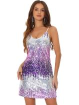 Vestido Allegra K Glitter, lantejoulas, decote em V, alça espaguete, roxo Vestido Allegra K Glitter, lantejoulas, decote em V, alça espaguete, roxo